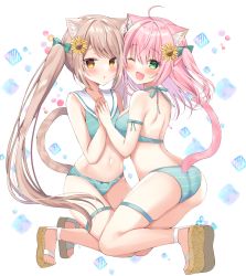 Rule 34 | 2girls, :d, :o, ahoge, animal ear fluff, animal ears, aqua bikini, aqua bow, ass, bikini, blush, bow, bow bikini, cat ears, cat girl, cat tail, collarbone, fang, flower, from behind, green eyes, hair bow, hair flower, hair ornament, hair strand, halterneck, hamico, hands up, highres, kneeling, light brown hair, long hair, looking at viewer, looking back, multiple girls, navel, one eye closed, open mouth, original, pink hair, sailor bikini, sailor collar, sandals, sidelocks, smile, striped bikini, striped clothes, sunflower, swimsuit, tail, tail raised, thigh strap, toes, twintails, two side up, very long hair, white background, white sailor collar, yellow eyes