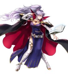 Rule 34 | 1girl, armor, belt, book, boots, bracelet, breasts, bridal gauntlets, cape, cleavage, collar, collarbone, dress, earrings, fingernails, fire emblem, fire emblem: genealogy of the holy war, fire emblem heroes, floating, floating object, full body, high heel boots, high heels, high ponytail, highres, ishtar (fire emblem), jewelry, large breasts, lips, long hair, looking away, medium breasts, nintendo, official art, open book, parted lips, ponytail, purple dress, purple eyes, purple hair, solo, suekane kumiko, thighhighs, transparent background