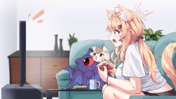 1girl absurdres alheitrakzoth animal_ear_fluff animal_ears blonde_hair breasts cat_ears cat_girl cat_tail controller facial_mark fang from_side game_controller highres indie_virtual_youtuber leaning_forward long_hair medium_breasts open_mouth playing_games pokatto_(squchan) red_eyes second-party_source shyrei_faolan sitting skin_fang tail u_da_desu virtual_youtuber whisker_markings