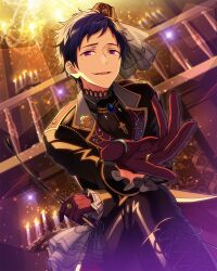 Rule 34 | 1boy, blue hair, boots, candle, dark blue hair, ensemble stars!, fushimi yuzuru, gloves, happy elements, highres, holding, holding riding crop, indoors, jacket, jewelry, lapels, looking at viewer, male focus, mole, mole under eye, noble game (ensemble stars!), notched lapels, official alternate costume, official art, open mouth, purple eyes, riding crop, ring, shoelaces, short bangs, solo, third-party source