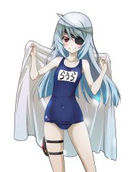 Rule 34 | 1girl, ahoge, blush, character name, collarbone, covered navel, eyepatch, flat chest, floating hair, highres, holding, holster, infinite stratos, laura bodewig, long hair, looking at viewer, one-piece swimsuit, red eyes, school swimsuit, shiny skin, silver hair, simple background, smile, solo, sparkle, standing, swimsuit, thigh holster, very long hair, white background