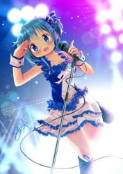 Rule 34 | 10s, 1girl, :d, alternate costume, alternate hairstyle, bad id, bad pixiv id, bare arms, blue dress, blue eyes, blue hair, blush, boots, bow, dress, gleision adain, hair bow, idol, jewelry, knee boots, mahou shoujo madoka magica, mahou shoujo madoka magica (anime), matching hair/eyes, microphone, microphone stand, miki sayaka, multicolored clothes, multicolored dress, necklace, one side up, open mouth, pendant, salute, sleeveless, sleeveless dress, smile, solo, stage lights, standing, standing on one leg, white dress, wrist cuffs