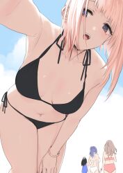 Rule 34 | 4girls, armpits, bare shoulders, bikini, black bikini, black hair, blue eyes, blue hair, blue one-piece swimsuit, blue sky, bracelet, breasts, brown hair, cloud, cloudy sky, collarbone, commentary request, day, dot nose, ear piercing, earrings, goshiki suzu, hand on own leg, highres, jewelry, large breasts, leaning forward, long hair, looking to the side, medium breasts, medium hair, multiple girls, navel, navel piercing, one-piece swimsuit, open mouth, original, outdoors, piercing, pink hair, reaching, reaching towards viewer, red bikini, side-tie bikini bottom, sky, solo focus, stomach, stud earrings, swimsuit, teeth, thighs, upper teeth only, white bikini