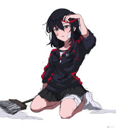 Rule 34 | 1girl, absurdres, alternate costume, bandaged leg, bandages, bandaid, bandaid on cheek, bandaid on face, black hair, black skirt, cleaning, dot nose, female focus, full body, grey eyes, tucking hair, half-closed eyes, highres, hot, jacket, kill la kill, kneeling, looking at viewer, matoi ryuuko, mop, multicolored hair, open mouth, pleated skirt, red hair, shoes, simple background, sketch, skirt, sneakers, solo, sweat, symbol-shaped pupils, takatisakana, track jacket, wet, wet hair, white background, white footwear
