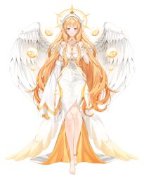Rule 34 | 1girl, absurdres, angel, angel wings, ankle ring, barefoot, blue eyes, blush, breasts, cleavage, detached sleeves, dot nose, dress, feet, halo, hand on own chest, hat, hat ornament, highres, jewelry, large breasts, long hair, multicolored hair, necklace, orange hair, original, sayan, simple background, smile, solo, two-tone hair, very long hair, walking, white background, white dress, wings, yin yang