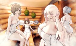 Rule 34 | 5girls, absurdres, armpits, artist name, bench, blanche neige (svet yomi), breasts, eyebrows hidden by hair, highres, indoors, large breasts, long hair, looking at viewer, lying, multiple girls, naked towel, open mouth, original, pink eyes, sauna, sidelocks, steam, svet yomi, sweat, sweatdrop, tagme, thighs, towel, towel around waist, white towel, wooden bench, wooden wall