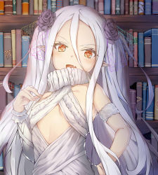 Rule 34 | 1girl, :d, bare shoulders, black flower, black rose, blush, book, bookshelf, breasts, center opening, commentary request, copyright request, detached sleeves, dress, fang, fingernails, flower, forehead, frilled sleeves, frills, grey hair, hair between eyes, hair flower, hair ornament, hand on own hip, hand up, head tilt, long fingernails, long hair, long sleeves, open mouth, orange eyes, pointy ears, ponta (velmar), rose, slit pupils, small breasts, smile, solo, turtleneck, turtleneck dress, upper body, very long hair, white dress