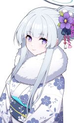 Rule 34 | 1girl, alternate costume, alternate hairstyle, blue archive, blunt bangs, braid, braided bun, commentary, floral print kimono, flower, fur scarf, hair bun, hair flower, hair ornament, halo, highres, japanese clothes, kimono, lipstick, long hair, long sleeves, looking at viewer, makeup, new year, noa (blue archive), obi, print kimono, purple eyes, reia 76, sash, sidelocks, simple background, single hair bun, smile, solo, symbol-only commentary, v arms, white background, white hair, wide sleeves