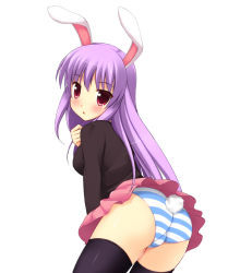 Rule 34 | 1girl, animal ears, ash (pixiv53802), ass, black thighhighs, blush, female focus, hand on own chest, long hair, panties, pantyshot, purple eyes, purple hair, rabbit ears, rabbit girl, rabbit tail, reisen udongein inaba, solo, striped clothes, striped panties, tail, thighhighs, touhou, trefoil, underwear, upskirt