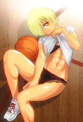 Rule 34 | 1girl, abs, bad id, bad pixiv id, ball, basketball, basketball (object), black bra, black panties, blonde hair, bra, clothes lift, female focus, hair over one eye, lace, lace-trimmed panties, lace trim, lingerie, lying, muscular, muuchin (muchmuchmuchin), no socks, orange eyes, original, panties, shirt lift, shoes, short hair, sneakers, solo, sweat, toned, underwear