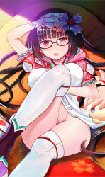 Rule 34 | 1girl, :o, arm warmers, black-framed eyewear, black hair, blush, bottomless, breasts, cloak, covered erect nipples, fate/grand order, fate (series), glasses, hair ribbon, hairband, hood, hood down, hooded cloak, large breasts, long hair, low twintails, lying, on floor, osakabehime (fate), pillow, purple eyes, ribbon, seiru (prairie), solo, thighhighs, twintails, very long hair