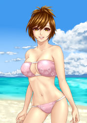 Rule 34 | 1girl, bandeau, beach, bikini, breasts, brown eyes, brown hair, cleavage, cleavage cutout, clothing cutout, cloud, day, eyepatch bikini, floral print, hamura mayu, large breasts, meiko (vocaloid), navel, outdoors, pink bikini, ponytail, project diva (series), project diva 2nd, short hair, skindentation, sky, smile, solo, swimsuit, vocaloid