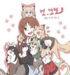 Rule 34 | 1girl, :3, :d, ;), anchovy (girls und panzer), animal, animal on head, animal on lap, animal on shoulder, animalization, black hair, black jacket, black skirt, blonde hair, blue eyes, blue jacket, blue skirt, brown eyes, brown hair, brown jacket, cat, cat day, chi-hatan military uniform, darjeeling (girls und panzer), dated, drill hair, fang, girls und panzer, green hair, grey jacket, hasekura (hachinochun), highres, jacket, katyusha (girls und panzer), kay (girls und panzer), keizoku military uniform, kuromorimine military uniform, long hair, looking at another, looking back, mika (girls und panzer), nishi kinuyo, nishizumi maho, nishizumi miho, on head, on lap, one eye closed, ooarai military uniform, open mouth, outline, paw print, pink outline, pleated skirt, red jacket, short hair, siblings, sisters, sitting, skirt, smile, st. gloriana&#039;s military uniform, star (symbol), trait connection, translated, twin drills, twintails, yellow skirt
