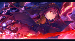 Rule 34 | 1girl, black bodysuit, bodysuit, cloud, fate/grand order, fate (series), floating hair, from side, gae bolg (fate), hair between eyes, long hair, miyata mozuku, outstretched arm, polearm, red eyes, red hair, scathach (fate), sky, solo, spear, star (sky), starry sky, thunder, upper body, veil, weapon