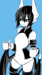 Rule 34 | 1girl, black sclera, blue background, blue theme, blush, coffee, coffee mug, colored sclera, contrapposto, cup, demon girl, demon horns, demon tail, demon wings, elbow gloves, gloves, greyscale, hair between eyes, highres, horns, looking at viewer, low wings, monochrome, mug, parted lips, pointy ears, seizaverus, shinrabanshou, short hair, simple background, slit pupils, smile, solo, standing, tail, thighhighs, wings, zyugoya