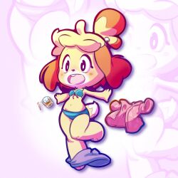 Rule 34 | 1girl, absurdres, animal crossing, animal ears, animal feet, animal nose, arms up, bare shoulders, barefoot, bell, bikini, black eyes, blonde hair, blue bikini, blush, blush stickers, body fur, breasts, bright pupils, buck teeth, buttons, cup, dog ears, dog girl, dog tail, drink, drinking glass, female focus, front-tie bikini top, front-tie top, furry, furry female, hair bell, hair ornament, happy, highres, isabelle (animal crossing), jingle bell, knees together feet apart, leaf print, leg up, legs, mike&#039;s scibbles, miniskirt, navel, nintendo, open mouth, outline, outstretched arms, pink background, pink shirt, shirt, short hair, short sleeves, skirt, skirt around one leg, small breasts, smile, solo, spilling, spread arms, standing, standing on one leg, stomach, striped bikini, striped clothes, swimsuit, tail, teeth, topknot, two-tone fur, undressing, unworn shirt, unworn skirt, white fur, white pupils, wide-eyed, yellow fur, zoom layer