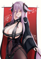 Rule 34 | 1girl, absurdres, aonossco, azur lane, black-framed eyewear, black horns, breast cutout, breasts, cleavage, clothing cutout, covered navel, cowboy shot, curled horns, framed breasts, friedrich carl (azur lane), from side, gem, hair between eyes, highres, horns, huge breasts, long hair, long sleeves, mature female, mole, mole on breast, mole under mouth, musical note, open mouth, purple eyes, purple hair, rectangular eyewear, red background, red gemstone, semi-rimless eyewear, solo, stomach cutout, two-tone background, very long hair, white background, wide sleeves