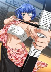 Rule 34 | 00s, 1girl, arrow (projectile), bandages, blue hair, bow (weapon), breasts, green eyes, ikkitousen, large breasts, official art, ryomou shimei, short hair, solo, standing, weapon