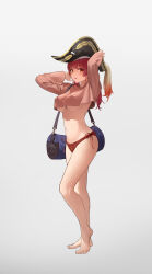 Rule 34 | 1girl, absurdres, bag, bikini, bikini bottom only, breasts, duffel bag, hat, highres, hololive, houshou marine, isolatediev, large breasts, looking at viewer, no eyepatch, open mouth, pirate, pirate hat, red eyes, red hair, solo, swimsuit, tagme, virtual youtuber, yellow eyes