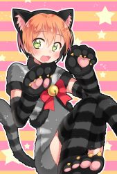 Rule 34 | 10s, 1girl, :3, animal costume, animal ears, animal hands, bad id, bell, cat costume, cat ears, cat tail, claws, elbow gloves, fang, gloves, green eyes, hoshizora rin, kaki s, looking at viewer, love live!, love live! school idol festival, love live! school idol project, open mouth, orange hair, paw gloves, paw pose, ribbon, short hair, sitting, solo, star (symbol), striped, striped background, tail, thighhighs