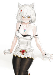 Rule 34 | 1girl, absurdres, animal ears, black pantyhose, braid, breasts, camisole, cat ears, chest jewel, cleavage, fingerless gloves, gloves, grey hair, highres, invisible chair, mio (xenoblade), pantyhose, renxzd, sitting, skirt, smile, white background, white camisole, white skirt, xenoblade chronicles (series), xenoblade chronicles 3, yellow eyes