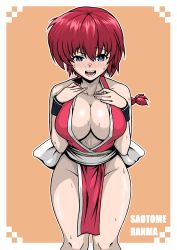 Rule 34 | 1girl, absurdres, blue eyes, blush, braid, breasts, character name, cleavage, cosplay, cowboy shot, english text, genderswap, genderswap (mtf), highres, large breasts, long hair, open mouth, ponytail, ranma-chan, ranma 1/2, red hair, revealing clothes, saotome ranma, shiny skin, shiranui mai (cosplay), single braid, solo, sweat, wide hips