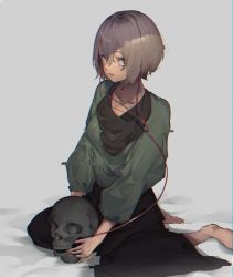 Rule 34 | 1girl, absurdres, barefoot, brown hair, chromatic aberration, collarbone, earbuds, earphones, film grain, glitch, highres, holding, holding skull, horror (theme), kizukisai, looking at viewer, original, parted lips, pink lips, red eyes, short hair, sitting, skull, solo, wariza