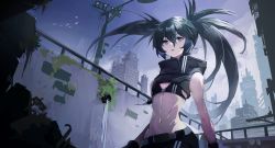 Rule 34 | 1girl, absurdres, asymmetrical hair, black bra, black eyes, black gloves, black pants, black rock shooter, black rock shooter: dawn fall, black rock shooter (character), blue hair, bra, day, flat chest, floating hair, from below, gloves, groin, hair between eyes, highres, ikamochi kalong, long hair, midriff, navel, open mouth, outdoors, pants, solo, standing, stomach, underwear, very long hair