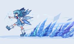 Rule 34 | 1girl, absurdres, blue background, blue dress, blue eyes, blue hair, bow, chibi, cirno, dress, extended arm, full body, highres, ice, ice floor, ice shard, ice skating, ice wings, shoes, skating, skirt, smallendu2, snow flakes, touhou, wings