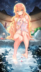 Rule 34 | 3girls, absurdres, ahoge, arm support, bare legs, bare shoulders, barefoot, blonde hair, blush, breasts, brown hair, character request, collarbone, commentary request, copyright request, covered erect nipples, feet, full body, green eyes, highres, legs, long hair, medium breasts, multiple girls, naked towel, nature, navel, nipples, onsen, outdoors, see-through, sitting, soaking feet, solo focus, towel, water, wet, wet towel, zuizi
