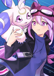 Rule 34 | absurdres, artist request, breasts, digimon, digimon story: sunburst and moonlight, goggles, goggles on head, hat, highres, jacket, long hair, lunamon, purple eyes, purple hair, sayo (digimon), small breasts