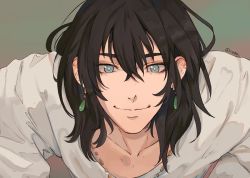 Rule 34 | 1boy, 1o8k, black hair, blue eyes, closed mouth, collarbone, commentary, derivative work, earrings, english commentary, hair between eyes, howl, howl no ugoku shiro, jewelry, leaning forward, long sleeves, looking at viewer, male focus, medium hair, messy hair, necklace, screenshot redraw, shirt, solo, upper body, white shirt