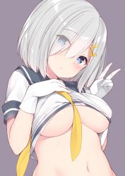 Rule 34 | 1girl, blue eyes, breasts, clothes lift, commentary request, eyes visible through hair, gloves, hair ornament, hair over one eye, hairclip, hamakaze (kancolle), head tilt, highres, kantai collection, large breasts, looking at viewer, neckerchief, purple background, school uniform, serafuku, shirt lift, short hair, short sleeves, silver hair, simple background, solo, underboob, upper body, v, watanon (gakushokutei), white gloves, yellow neckerchief