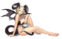 Rule 34 | 1girl, arm rest, arm support, black horns, black nails, black tail, black wings, blonde hair, closed mouth, demon girl, dragon horns, dragon tail, dragon wings, full body, horns, knee up, kometani hisanobu, long hair, long toenails, looking at viewer, nail polish, nude, original, pointy ears, red eyes, scales, sidelocks, simple background, sitting, skull, tail, toenail polish, toenails, white background, wings