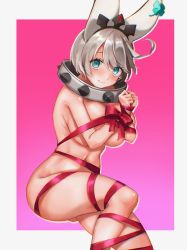 Rule 34 | 1girl, ahoge, animal ears, bdsm, blue eyes, blush, bondage, bound, bow, breasts, breasts squeezed together, christmas, collar, completely nude, elphelt valentine, fake animal ears, gift, grey hair, guilty gear, guilty gear xrd, highres, huge ahoge, large breasts, looking at viewer, navel, nude, own hands together, purple background, rabbit ears, red bow, simple background, solo, spiked collar, spikes, stomach, thighs, toto81311148, wrapped up, wrapping