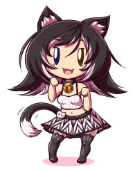 Rule 34 | 1girl, animal ears, bell, black hair, blue eyes, brown eyes, camisole, cat ears, cat lingerie, cat tail, chibi, collar, fangs, heterochromia, kat (mazume), mazume, meme attire, multicolored hair, navel, original, paw pose, simple background, solo, tail, white background, white hair