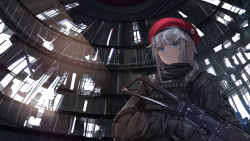 Rule 34 | 1girl, :3, absurdres, alternate costume, assault rifle, beret, blue eyes, bulletproof vest, commentary request, dome, from below, girls&#039; frontline, gloves, gun, hat, highres, kalashnikov rifle, long hair, nighttsound, ots-12 (girls&#039; frontline), ots-12 tiss, rifle, ruins, safety glasses, silver hair, solo, star (symbol), symbol-shaped pupils, tactical clothes, weapon