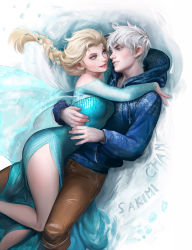 Rule 34 | 1boy, 1girl, blonde hair, blue dress, blue eyes, braid, couple, crossover, dress, elsa (frozen), eye contact, frozen (disney), hair ornament, hetero, highres, hood, hoodie, hug, jack frost (rise of the guardians), lips, long hair, looking at another, pants, power connection, rise of the guardians, sakimichan, sequins, side slit, silver hair, smile, snowflake hair ornament