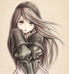 Rule 34 | 1girl, :d, agnes oblige, beige background, black hair, blush, bravely default: flying fairy, bravely default (series), brown eyes, brown hair, capelet, dress, elbow gloves, gloves, hair ornament, hairband, jewelry, long hair, long sleeves, looking at viewer, necklace, open mouth, parted lips, pendant, shouma (bravespiritya), simple background, smile, solo, upper body