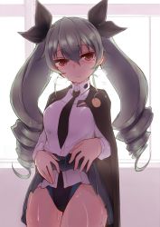 Rule 34 | 10s, 1girl, akitsuchi shien, anchovy (girls und panzer), anzio school uniform, backlighting, bad id, bad twitter id, belt, black belt, black cape, black necktie, black ribbon, black skirt, blush, breath, cape, closed mouth, clothes lift, commentary request, cowboy shot, dress shirt, drill hair, emblem, frown, girls und panzer, green hair, hair ribbon, highres, lifting own clothes, long hair, long sleeves, looking at viewer, miniskirt, necktie, pleated skirt, red eyes, ribbon, school uniform, shirt, skirt, skirt lift, solo, standing, sweat, swimsuit, swimsuit under clothes, twin drills, twintails, white shirt, window