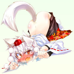 Rule 34 | 1girl, animal ears, ass, bare shoulders, bent over, blush, bridal gauntlets, clothes pull, detached sleeves, fang, flat chest, hat, highres, inubashiri momiji, narumiya (narumiya), nipples, open clothes, open mouth, red eyes, short hair, silver hair, skirt, skirt pull, solo, tail, tears, tokin hat, top-down bottom-up, touhou, wolf ears, wolf tail