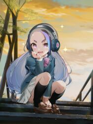 Rule 34 | 1girl, alternate costume, black socks, blue hair, blue jacket, blush, bow, bowtie, brown footwear, collared shirt, commentary request, giant penguin (kemono friends), grey hair, grey skirt, headphones, highres, ieinu account, jacket, kemono friends, loafers, long hair, long sleeves, multicolored hair, open mouth, penguin girl, pleated skirt, purple bow, purple bowtie, purple eyes, school uniform, shirt, shoes, skirt, smile, socks, solo, squatting, stairs, streaked hair, white shirt