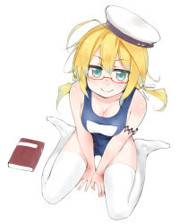 Rule 34 | 10s, 1girl, blonde hair, blue eyes, book, breasts, glasses, hair ribbon, hat, highres, i-8 (kancolle), kantai collection, looking at viewer, moru (monaka), no shoes, one-piece swimsuit, red-framed eyewear, ribbon, school swimsuit, simple background, sitting, smile, solo, swimsuit, thighhighs, twintails, wariza, white background