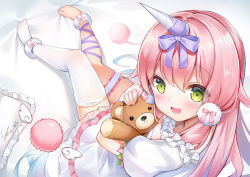Rule 34 | 1girl, barefoot, bridal garter, character request, copyright request, dress, from behind, ginn (hzh770121), green eyes, horn ornament, horn ribbon, horns, hug, leg ribbon, long hair, looking back, hugging object, open mouth, pillow, pink hair, ribbon, single horn, single thighhigh, smile, solo, stuffed animal, stuffed toy, teddy bear, thighhighs, virtual youtuber, white dress, white thighhighs