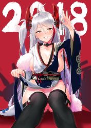 Rule 34 | 1girl, alcohol, areola slip, azur lane, black thighhighs, bowcan, breasts, cleavage, fur trim, grin, headgear, japanese clothes, kimono, large breasts, long hair, looking at viewer, new year, prinz eugen (azur lane), prinz eugen (profusion of flowers) (azur lane), sake, sideboob, silver hair, sitting, smile, solo, teeth, thighhighs, two side up, wakamezake, yellow eyes