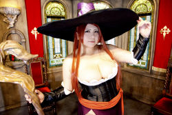 Rule 34 | 1girl, asian, breasts, chouzuki maryou, cosplay, dragon&#039;s crown, hat, hip focus, large breasts, photo (medium), plump, red hair, red upholstery, solo, witch, sorceress (dragon&#039;s crown), sorceress (dragon&#039;s crown) (cosplay), staff, stained glass, thick thighs, thighs, wide hips, witch hat