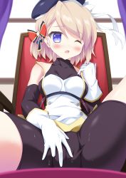 Rule 34 | 1girl, azur lane, bare shoulders, beret, bike shorts, black hat, black shorts, black sleeves, blush, bow, breasts, cameltoe, chair, commentary request, cross, curtains, detached sleeves, dress, female masturbation, fingering, fingering through clothes, fingering through panties, gloves, hair between eyes, hair bow, hat, highres, indoors, iron cross, light brown hair, long sleeves, looking at viewer, masturbation, masturbation through clothes, medium breasts, on chair, one eye closed, open mouth, purple eyes, short shorts, shorts, sitting, sleeveless, sleeveless dress, slit pupils, solo, spread legs, striped, striped bow, sunlight, sweat, taira takehiro, through clothes, tilted headwear, white dress, white gloves, window, z23 (azur lane)