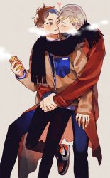 Rule 34 | 2boys, black pants, black scarf, blue pants, blush, brown hair, brown jacket, coat, commentary request, drink, closed eyes, grey hair, haiba lev, haikyuu!!, heart, heavy breathing, height difference, holding, holding drink, hug, jacket, kiss, long sleeves, male focus, multiple boys, pants, red coat, scarf, shared clothes, shared scarf, shoes, short hair, sneakers, winter clothes, yaku morisuke, yaoi, yuu chitose, zipper