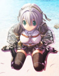 Rule 34 | 1girl, armlet, armor, beach, belt, between breasts, black thighhighs, boots, breasts, capcom, covered erect nipples, detached sleeves, elbow gloves, from above, gloves, green eyes, hair intakes, hair ribbon, hairband, highres, lace, looking at viewer, meran (armor), monster hunter, monster hunter (series), monster hunter frontier, navel, necktie, nipples, no bra, on ground, outdoors, ribbon, see-through, short hair, sitting, skin tight, skirt, smile, solo, strap, submerged, thigh boots, thighhighs, v-mag, water, wet, wet clothes, white hair, zettai ryouiki