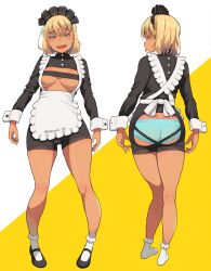 Rule 34 | 1girl, :d, apron, ass, ass cutout, black dress, blonde hair, blue panties, breasts, center opening, clothing cutout, commentary request, dark-skinned female, dark skin, dress, earrings, frilled apron, frills, from behind, highres, jewelry, long sleeves, looking at viewer, maid, maid headdress, medium breasts, mole, mole on breast, multiple views, neyuki rei, open mouth, original, panties, polka dot, polka dot panties, profile, short hair, smile, standing, tongue, tongue out, underwear, white apron, wrist cuffs, yellow eyes